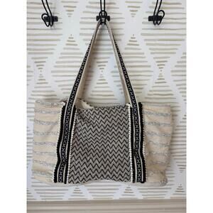 Neutral Cream and Black Boho Heavy Duty Canvas Tote Bag